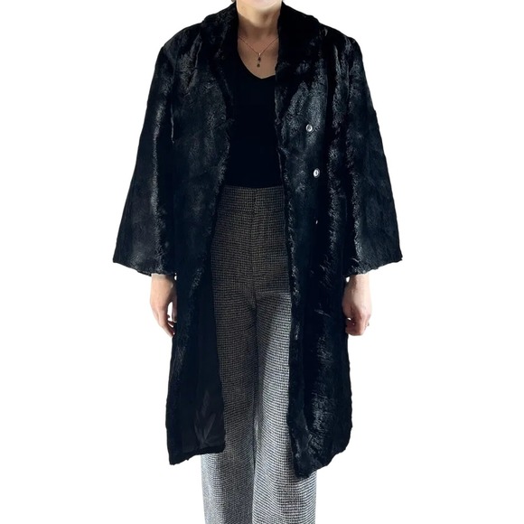 VTG Lapin Fur Coat‎ Womens (L) Black Bell Sleeve Hidden Button Pockets Classic